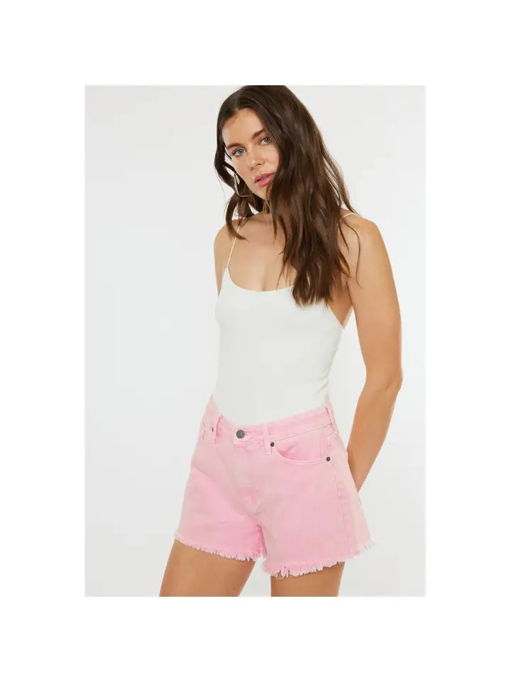 Pink High Rise Denim Frayed Shorts