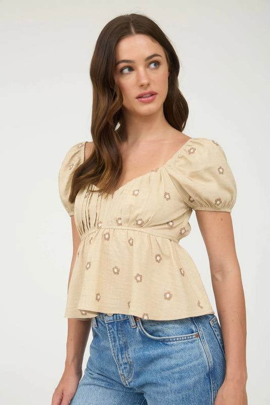 Taupe Embroidered Daisy Puff Sleeve Top