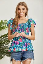 Teal Floral Print Smocked Top