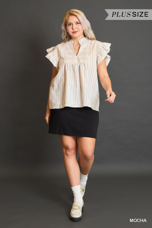 Mocha Striped Ruffled Sleeve Top - Curvy