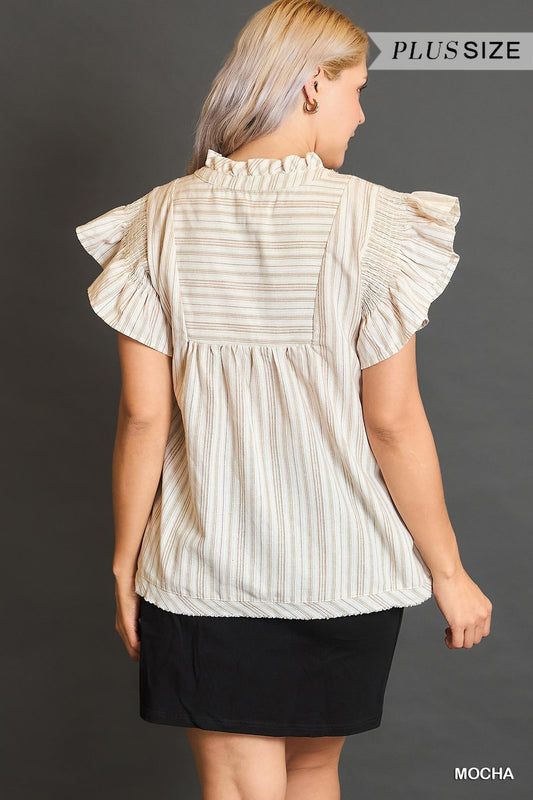 Mocha Striped Ruffled Sleeve Top - Curvy