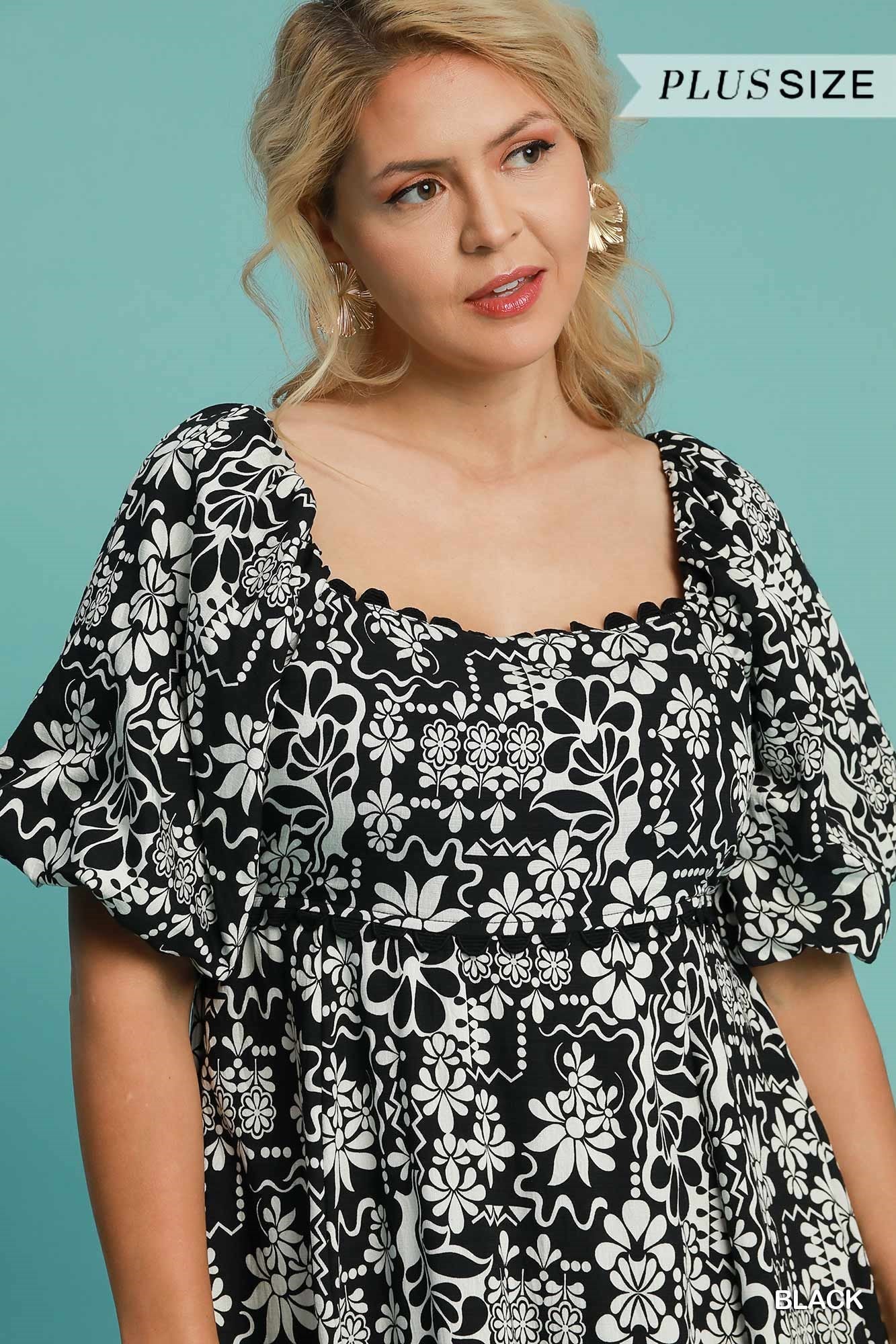 Black Floral Print Midi Dress - Curvy
