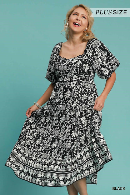 Black Floral Print Midi Dress - Curvy
