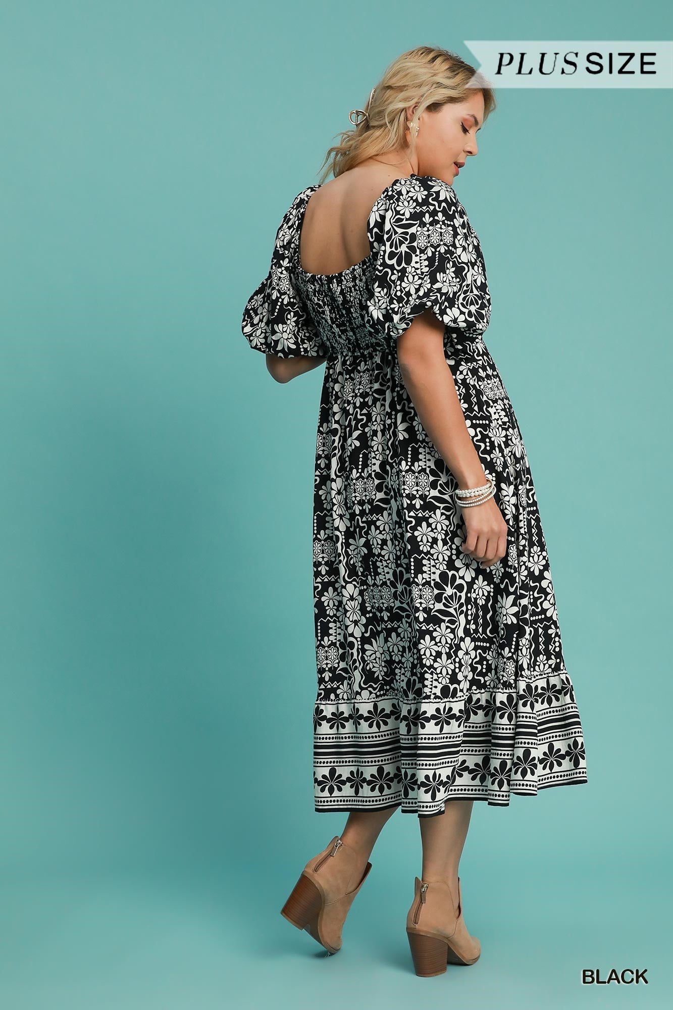 Black Floral Print Midi Dress - Curvy