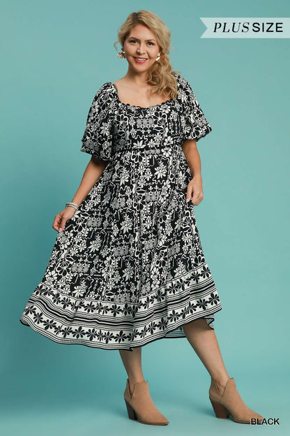 Black Floral Print Midi Dress - Curvy