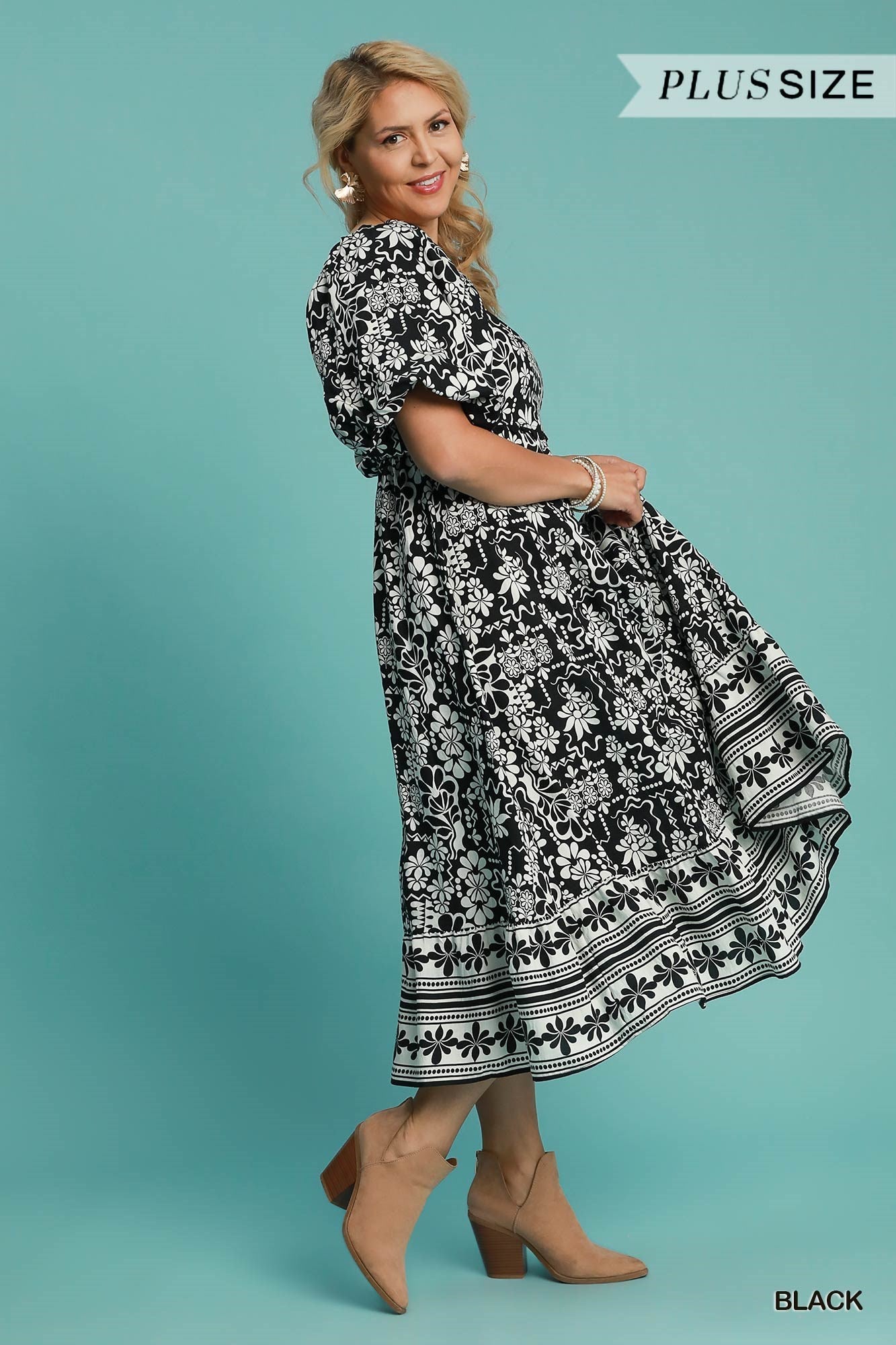 Black Floral Print Midi Dress - Curvy