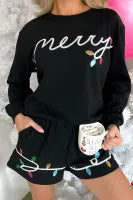 Black Sequin Merry Pullover Short Set