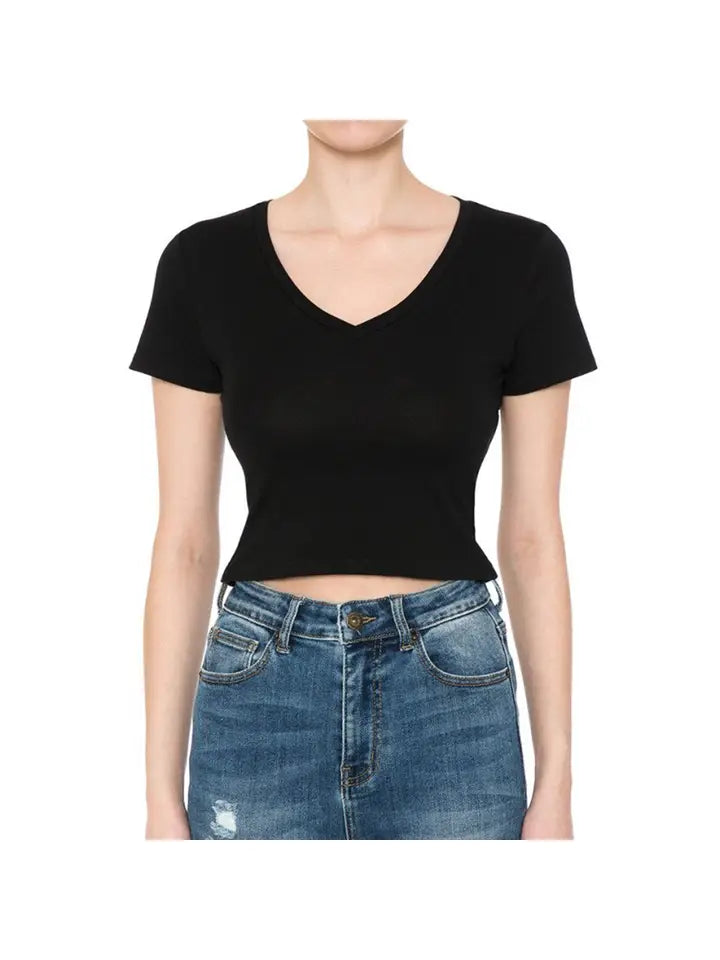 Black V-Neck Short Sleeve Crop Top