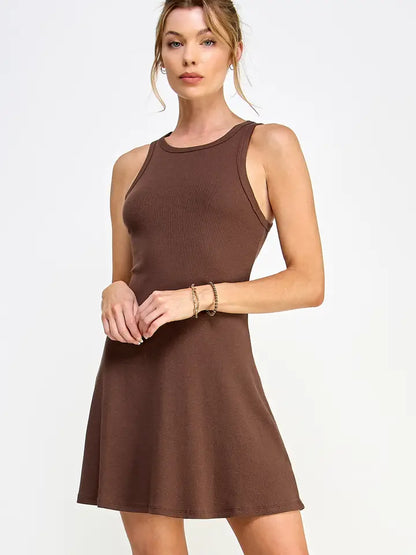 Brown Ribbed Sleeveless Mini Dress