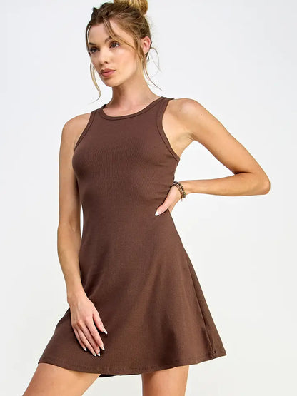 Brown Ribbed Sleeveless Mini Dress