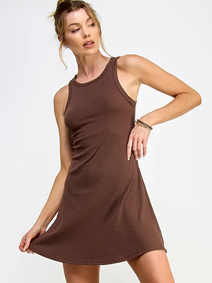 Brown Ribbed Sleeveless Mini Dress