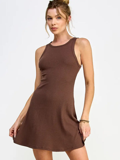 Brown Ribbed Sleeveless Mini Dress