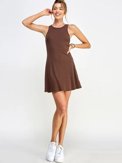 Brown Ribbed Sleeveless Mini Dress