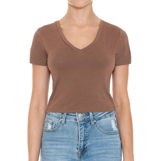 Brown V-Neck Short Sleeve Crop Top