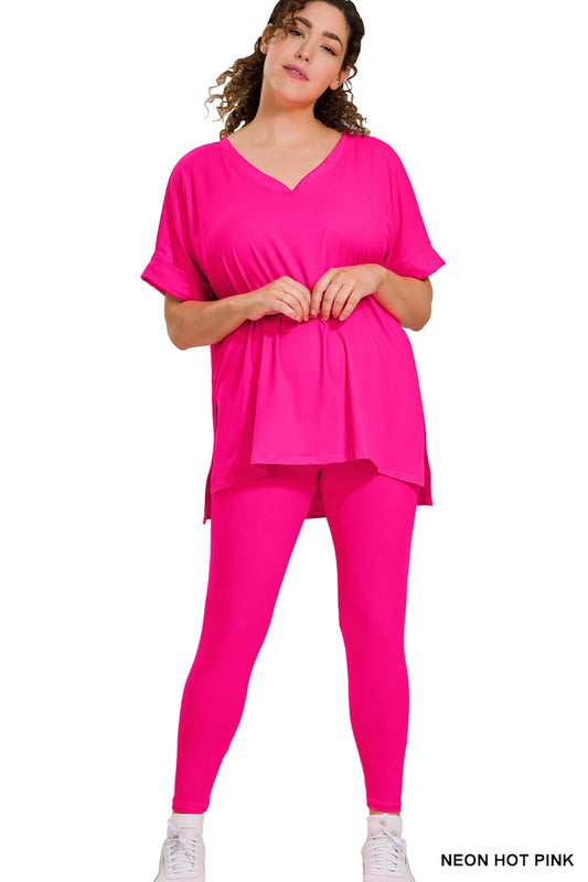 Neon Hot Pink Short Sleeve Top and Leggings Set