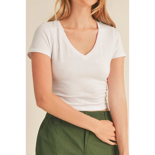 White V-Neck Short Sleeve Crop Top