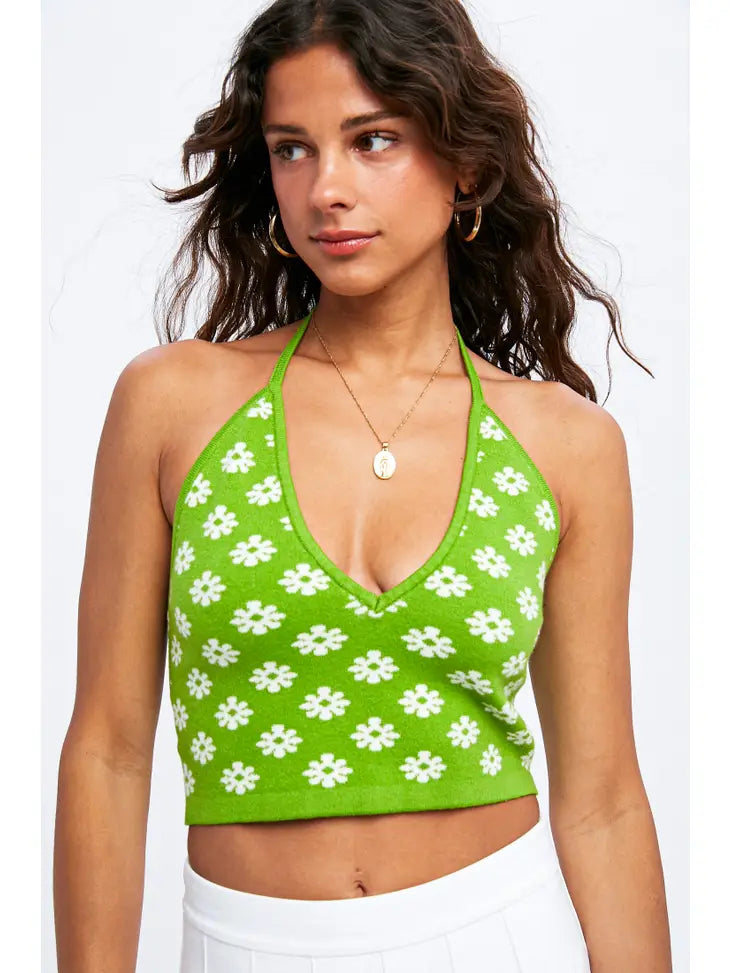 Green Daisy Print Halter Top