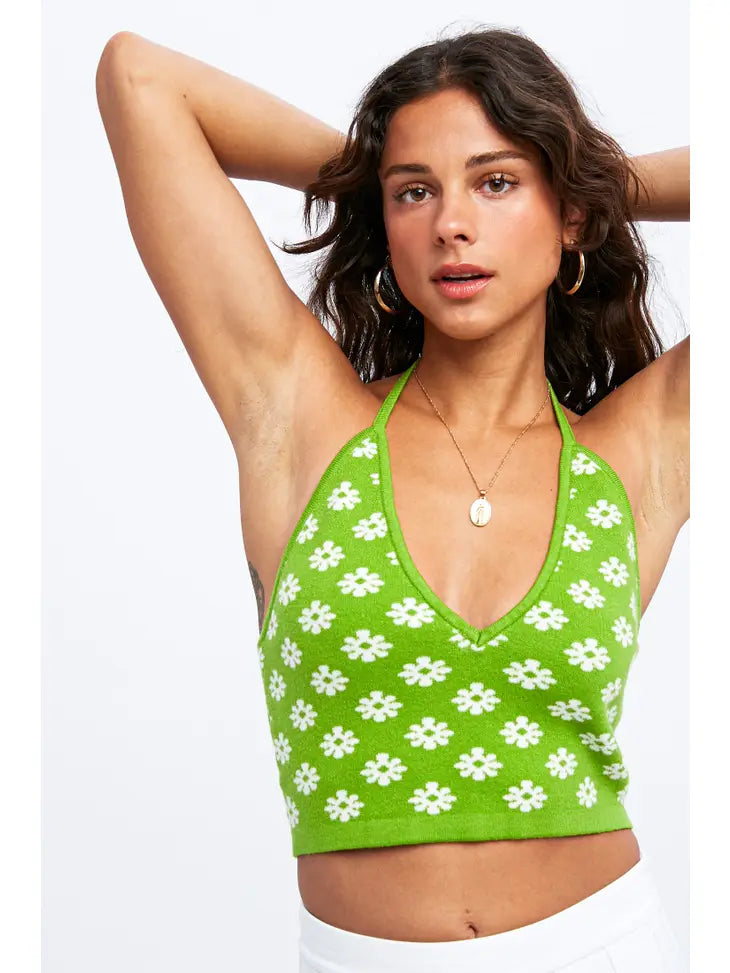 Green Daisy Print Halter Top