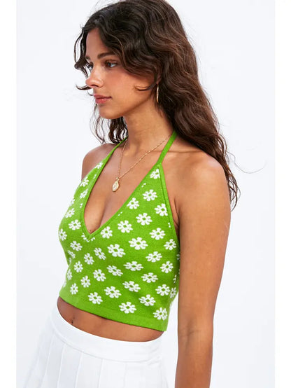 Green Daisy Print Halter Top