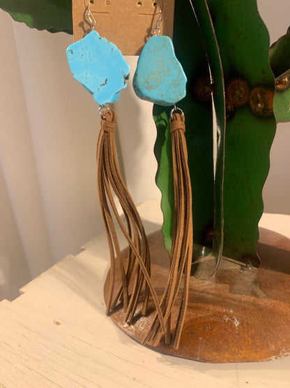 Faux Turquoise Flat Stone Earrings w/ Brown Fringe