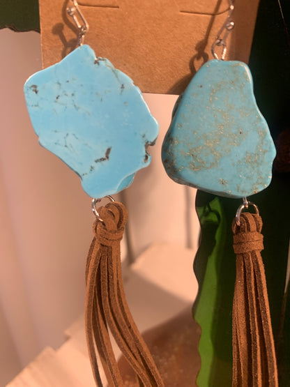 Faux Turquoise Flat Stone Earrings w/ Brown Fringe