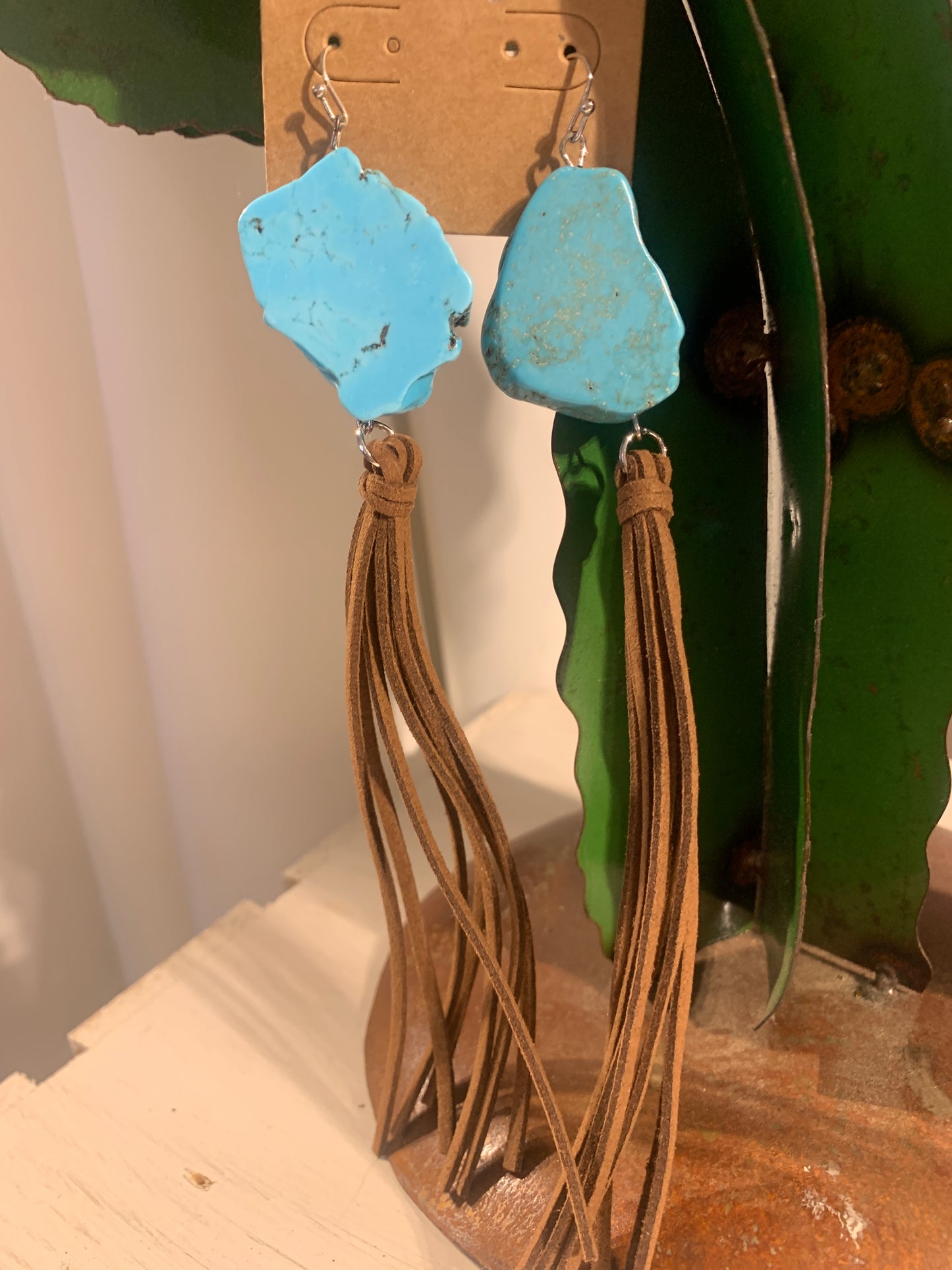 Faux Turquoise Flat Stone Earrings w/ Brown Fringe