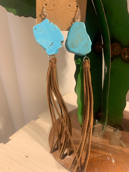 Faux Turquoise Flat Stone Earrings w/ Brown Fringe