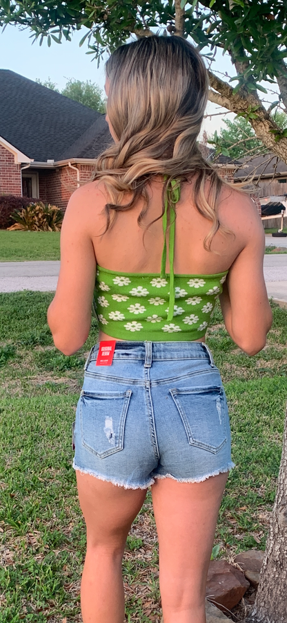 Green Daisy Print Halter Top