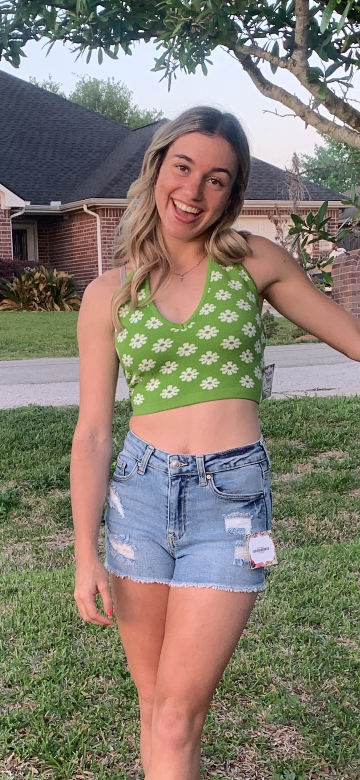 Green Daisy Print Halter Top