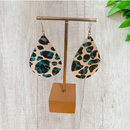 Turquoise & black leopard design teardrop shaped earrings