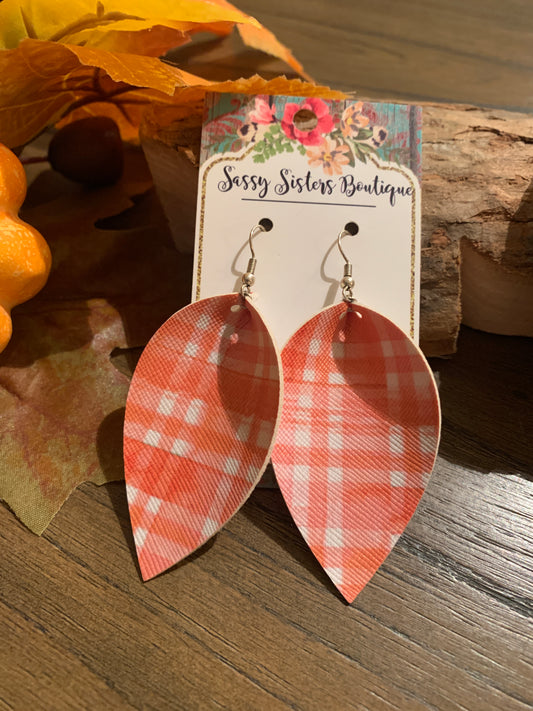 Orange Plaid Faux Leather Petal Earrings